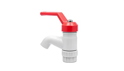Naklejka premium White Plastic Water Faucet with Red Handle on White Background.