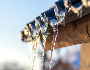 Close-up of water dripping from roof's edge, creating icicles
