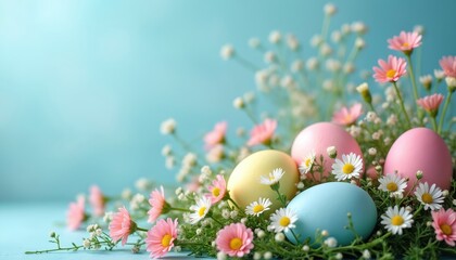 Easter eggs in pastel colors nestled among small pink and white flowers on a soft blue background. Springtime holiday symbols are arranged with delicate blossoms, creating a festive and joyful scene.