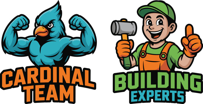 Colorful cartoon mascot of a muscular blue cardinal bird representing a sports or team logo, alongside cheerful construction worker character in safety helmet holding a hammer, ideal for branding in s