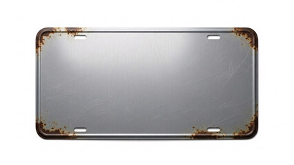 Blank, weathered, and rusty old metal license plate with a worn texture, isolated on a white background, perfect for a customizable vintage vehicle or road trip concept.