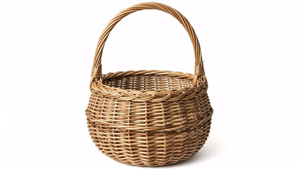 Classic empty natural wicker basket with a sturdy handle, woven from light brown willow, isolated on a white background, commonly used for picnics, gathering, shopping, or storage.
