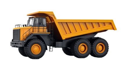 Heavy duty construction dump truck large industrial vehicle hauling materials mining site equipment studio photography isolated on white background