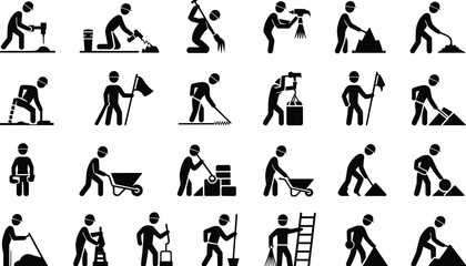 Construction worker pictogram set showing various tasks and tools on white background icon silhouette