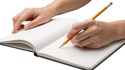 Person's hands holding a yellow pencil and writing or sketching in a blank open notebook or journal, providing ample copy space for creative, educational, or professional content on white background.