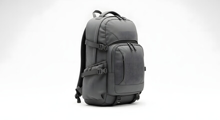 Naklejka premium Modern gray travel backpack isolated on white background with clean lighting, functional urban commuter and everyday carry accessory concept for branding and ecommerce