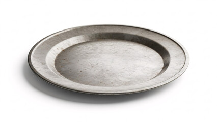 Close-up of an empty, rustic, and weathered old vintage tin plate with a metallic finish and subtle scratches, isolated on a white background, conveying a sense of history or simplicity.