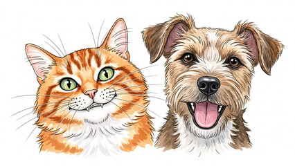 Detailed Hand-Drawn Illustration of a Friendly Ginger Cat and a Happy Scruffy Terrier Dog Together, Ideal for Pet Care and Animal Themes.
