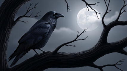 Mysterious Black Raven Perched on a Bare Tree Branch Against a Bright Full Moon and Dark, Cloudy Night Sky, Creating a Spooky Atmosphere.