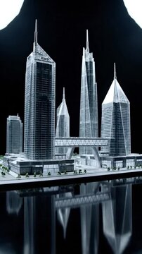 Intricate scale model of a contemporary cityscape featuring tall, sleek buildings and bridge