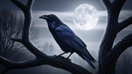 Striking Black Raven Perched on a Gnarled Bare Tree Branch Under a Bright Full Moon and Atmospheric Night Sky, Perfect for Halloween and Mystery.