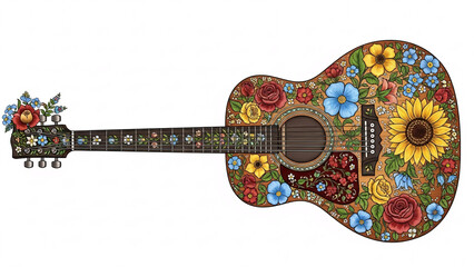 Beautifully Decorated Acoustic Guitar Adorned with Vibrant and Intricate Floral Patterns, Including Sunflowers and Roses, on a White Background.