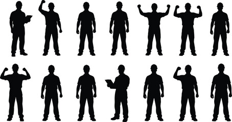 Silhouette construction workers in various poses on white background male