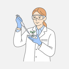 Cartoon illustration of scientist in lab coat uses pipette to care for plant seedling in petri dish carefully