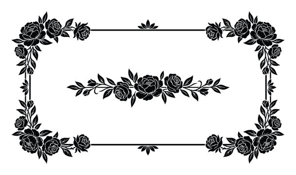 Elegant Floral Frame with Rose Border, Rectangle Shape Black Silhouette Decoration