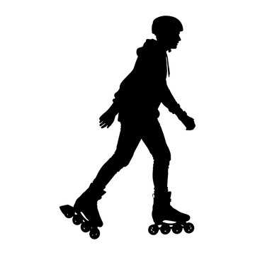 Silhouette of person wearing inline skates and helmet.