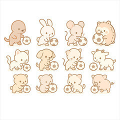 Obraz premium Kawaii Baby Animals Playing Soccer with Football Ball Cute Pastel Clipart Se