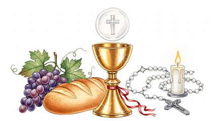 Rich Illustration of Sacred Christian First Communion Symbols, Including a Golden Chalice, Host, Grapes, Bread, Rosary, and a Lit Candle.