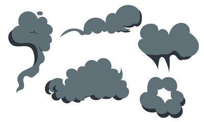 Smoke cartoon clouds icon set. Stylized cartoon clouds and smoke puffs on white background, playful fantasy icons for games, comics, and creative design.
