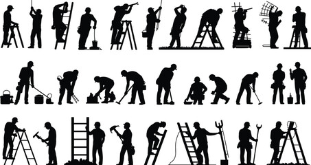 Silhouettes of construction workers performing various tasks with tools and ladders Keywords: construction, worker, silhouette © rayhan039