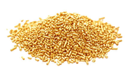 Golden sprinkles shiny metallic sugar topping for cakes desserts pastries macro food photography isolated on white background