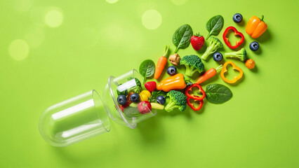 Natural Nutrition Concept: Clear Capsule Overflowing with Fresh Fruits and Vegetables on a Bright Green Background with Bokeh Lights.