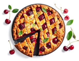 Overhead shot of a baked cherry pie with lattice crust, sliced