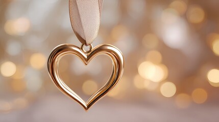 Elegant open heart gold pendant hanging from ribbon with warm golden bokeh lights, luxury jewelry close-up.