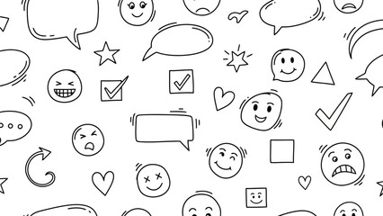 Hand-drawn doodle elements including speech bubbles, emojis and checkmarks, seamless pattern