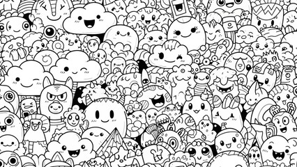 Seamless Pattern of Cute Cartoon Doodle Monsters and Clouds, Black and White Hand-Drawn Art © akmal