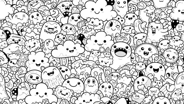 Whimsical Doodle Monsters and Clouds, Hand-Drawn Kawaii Characters Pattern