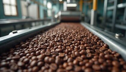 Fototapeta premium Fresh roasted coffee beans move on an automated conveyor belt inside a modern, clean factory. The industrial production line prepares beans for processing and packaging for global distribution.