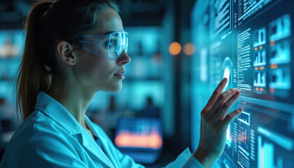 Scientist studies complex data on futuristic screen. Female researcher uses interactive interface in high tech lab. She analyzes information, plans experiments. Future tech concept.