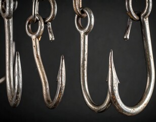 Close-up view of steel hooks hanging in front of a dark backdrop