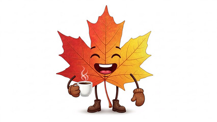 Adorable Happy Autumn Maple Leaf Character Enjoying a Hot Coffee Mug, Cozy Fall Season Cartoon Illustration