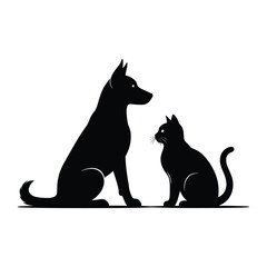 Minimalist black silhouette design featuring a dog and cat looking at each other