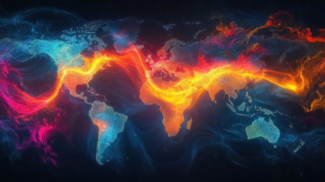 An abstract glowing digital world map with colorful lines representing global connections. - Powered by Adobe