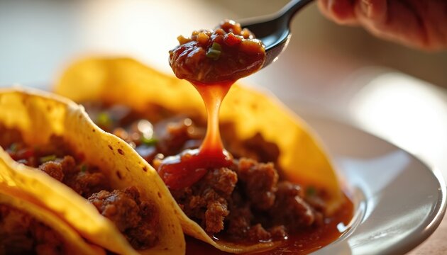 A spoon pours savory consome over tender birria tacos on a plate. Close up on rich mexican cuisine presentation. Food lovers enjoy delicious homemade street food.
