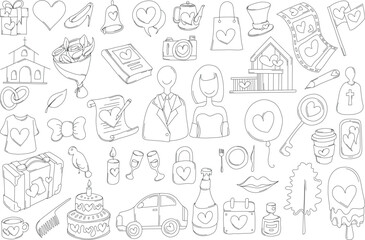 Wedding Related Doodle vector set. Drawing sketch illustration hand drawn line eps10