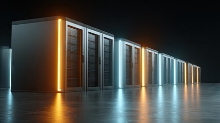Rows of illuminated server racks stand in a dark, modern data center.