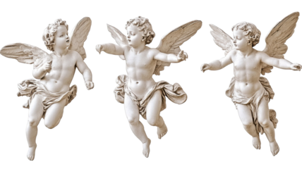 Three statues cupids different poses classical cherub sculptures romantic art figures detailed stone finish isolated on white background