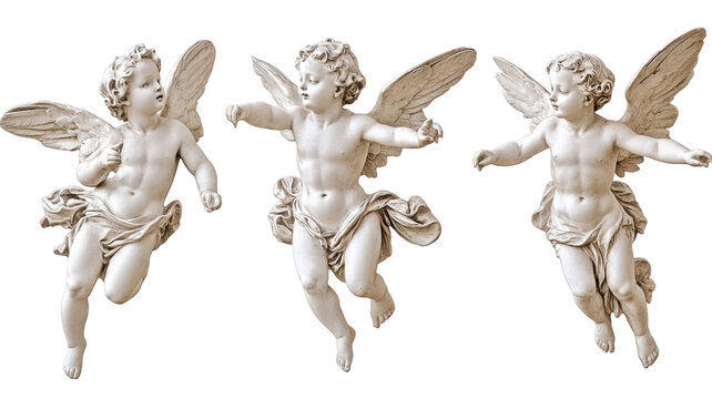 Three statues cupids different poses classical cherub sculptures romantic art figures detailed stone finish isolated on white background