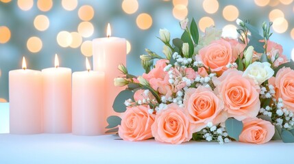 Romantic Peach Roses and Candles Arrangement