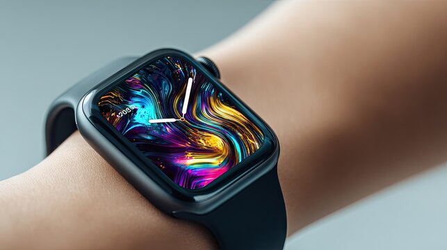 Modern smartwatch displays vibrant abstract art on user's wrist. - Powered by Adobe