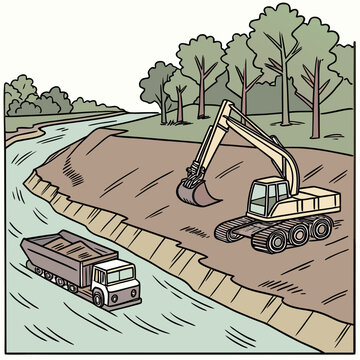 Excavator and truck in river dredging operation construction