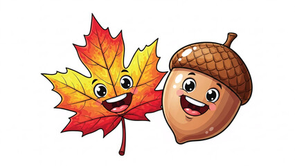 Cheerful Cartoon Maple Leaf and Acorn Characters Smiling Together, Whimsical Autumn Friends Illustration
