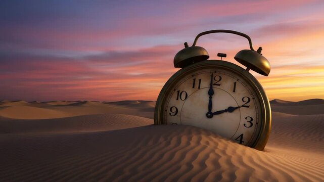 An old clock stands half-buried in the desert sand, against the dramatic sunset, suggesting the passage of time. The clock shows about 2 o'clock, creating a sense of urgency