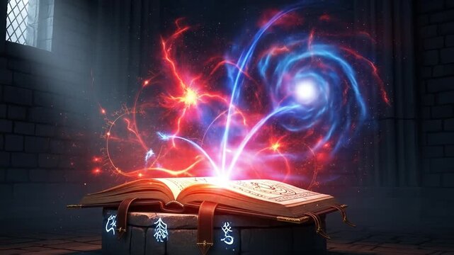 Ancient book radiates glowing red and blue magical energy in a mysterious stone chamber