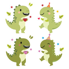Fototapeta premium set of funny cartoon dinosaurus tea party