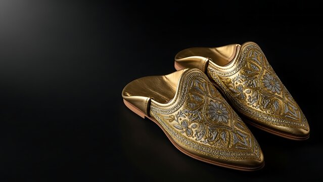 Traditional Golden Moroccan Slippers with Intricate Embossed Patterns.